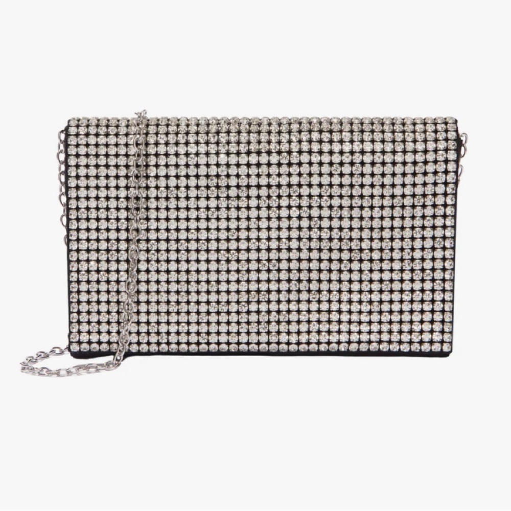 NWOT AMBER SCEATS STELLA CRYSTAL BAG black satin cubic zirconia crystals silver